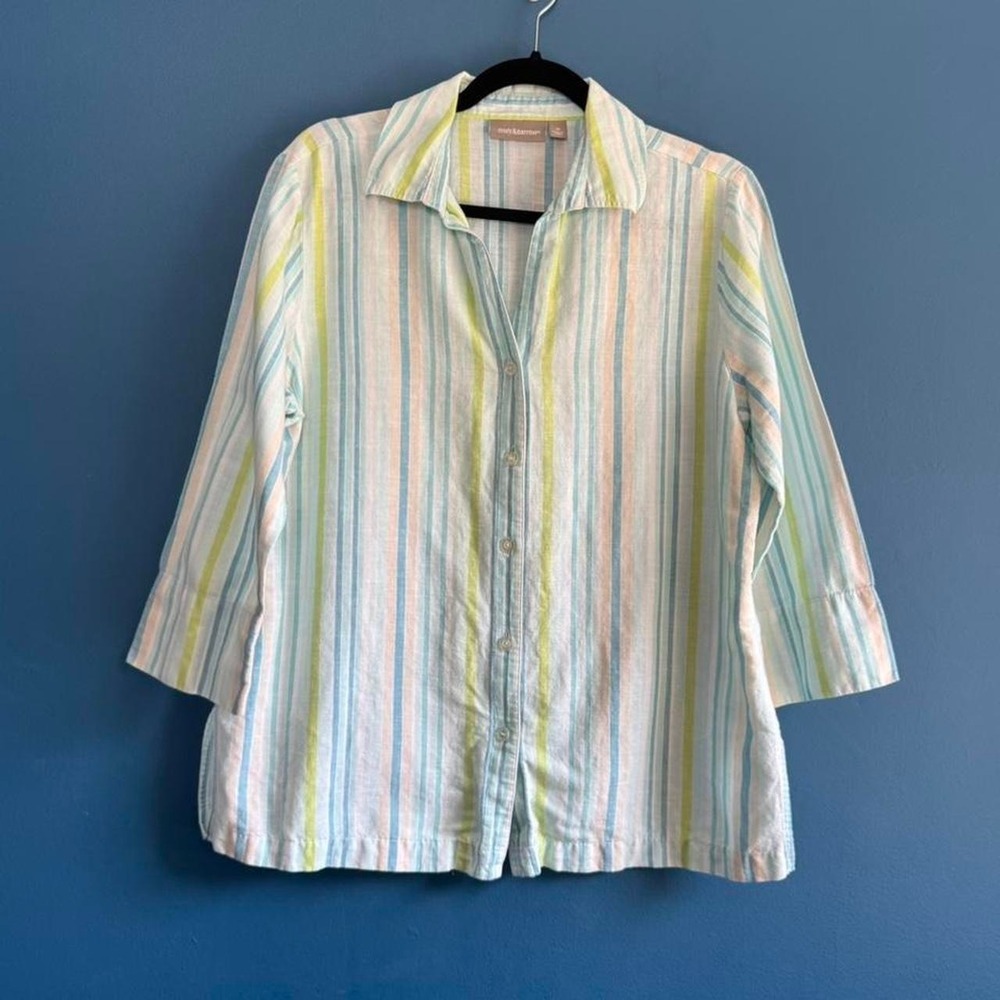 Y2K Linen Blend Stripe Shirt Women's Size Medium Green Blue Croft & Barrow